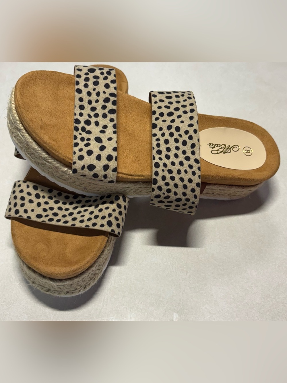 Mata size 8 Dalmatian-Print Espadrille Slide Sandals in Neutral Tan
